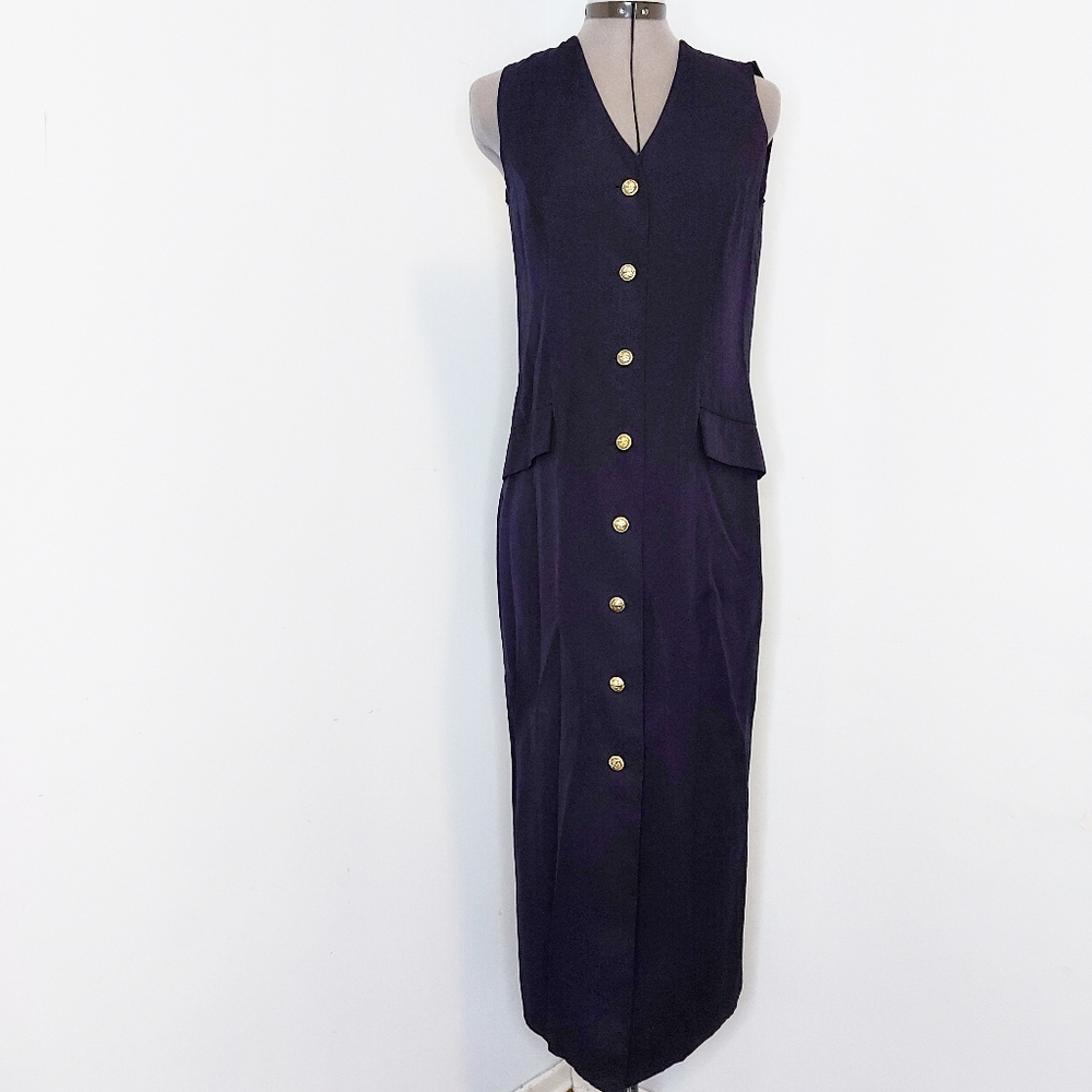 Sleeveless Navy Maxi Dress with Gold Buttons